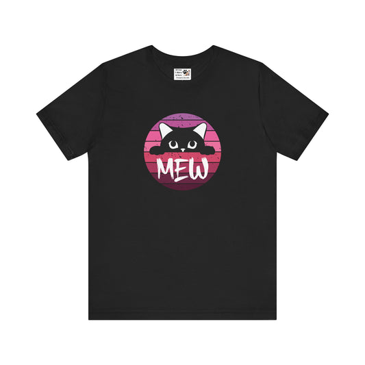 Cute Black Cat "MEW" Graphic Tee - (Pink Vintage Sunset T‑Shirt)