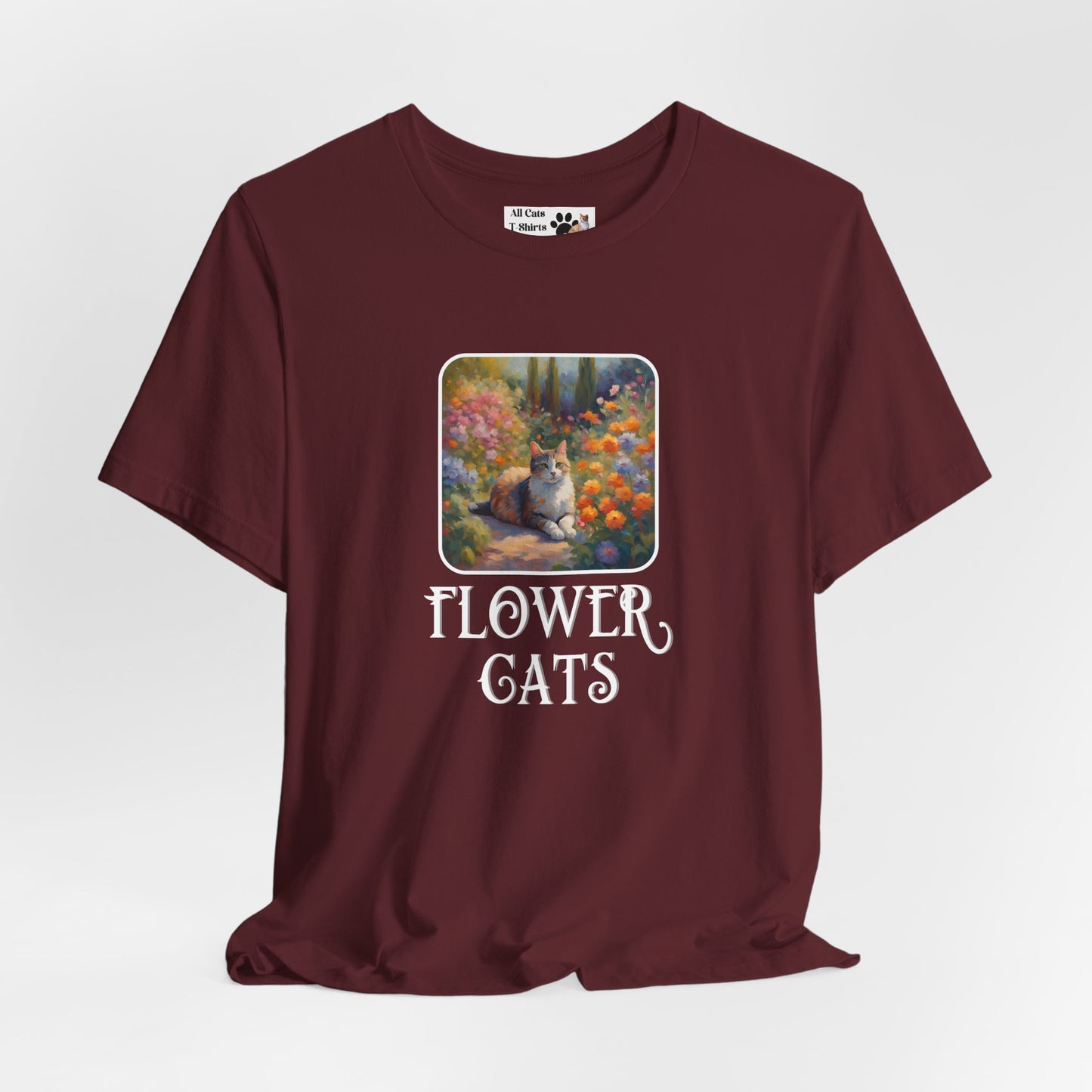 Flower Cats T-Shirt — (Flower Cats Tee #1, Colorful Garden Cat T-Shirt for Cat Fans & Cat Lovers!)