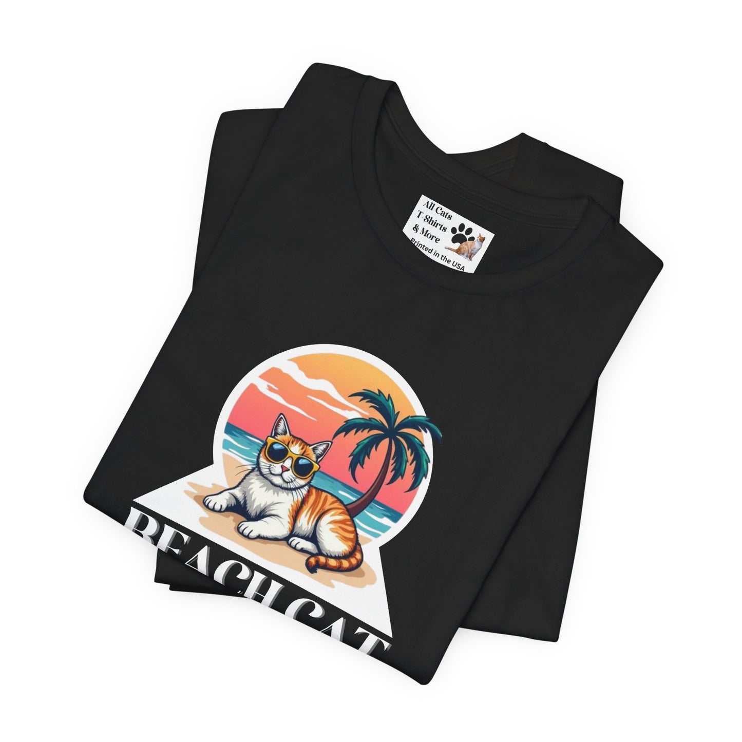 Beach Cat T-Shirt - (Retro Sunset Graphic Tee for Cat Fans)