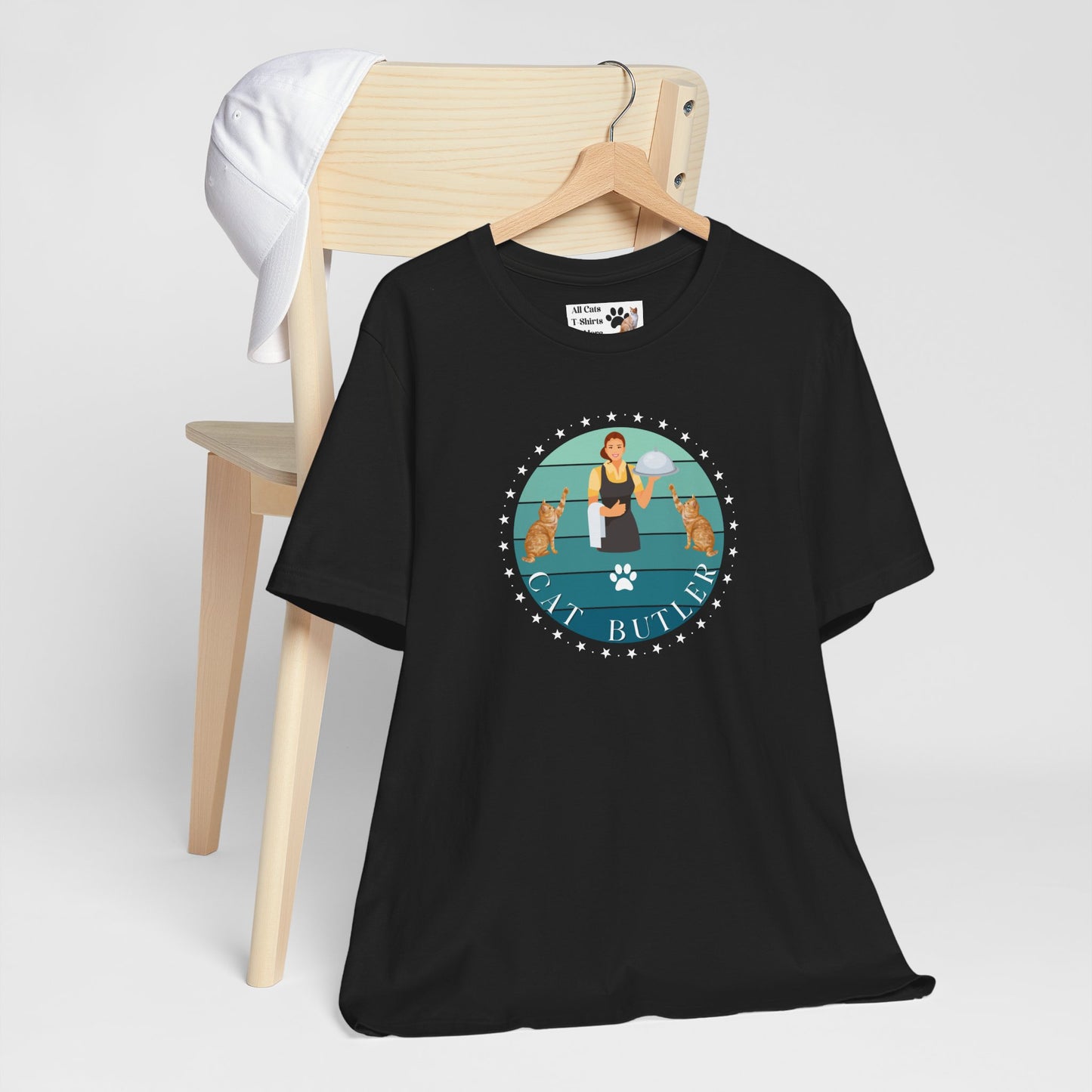 "Cat Butler" T-Shirt - With Vintage Sunset Style Graphic [Double Cats & Woman] - (Unisex Jersey Short Sleeve Tee - Perfect Gift for Cat Lovers!)
