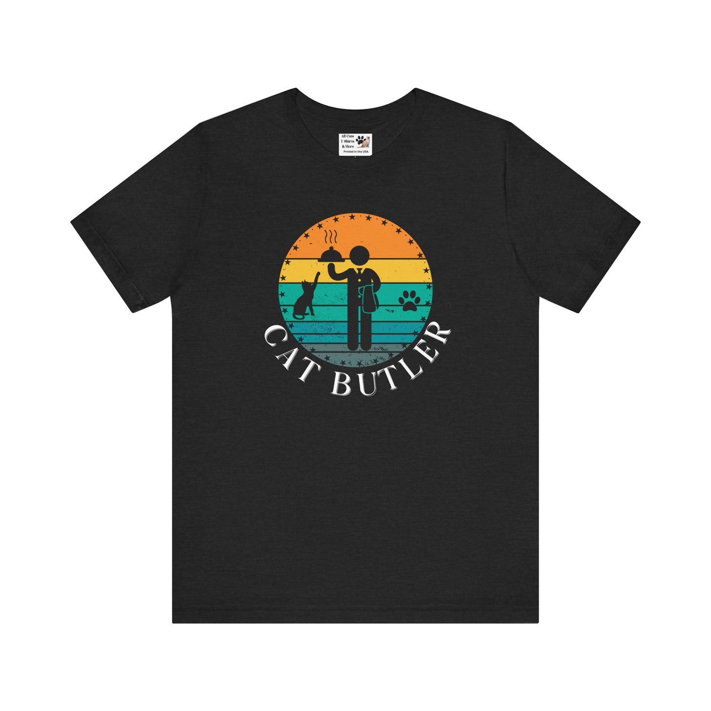Cat Butler T-Shirt - (A Colorful "Vintage Sunset Style" Design, Unisex Short Sleeve Tee - Perfect for Cat Parents!)