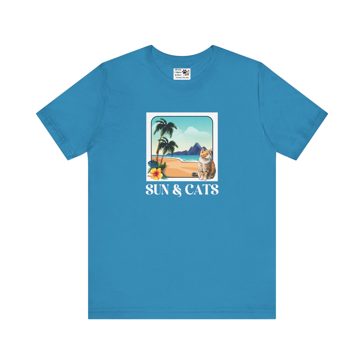 Sun & Cats Beach T-Shirt - (Retro Tropical Cat Graphic Tee for Cat Fans)