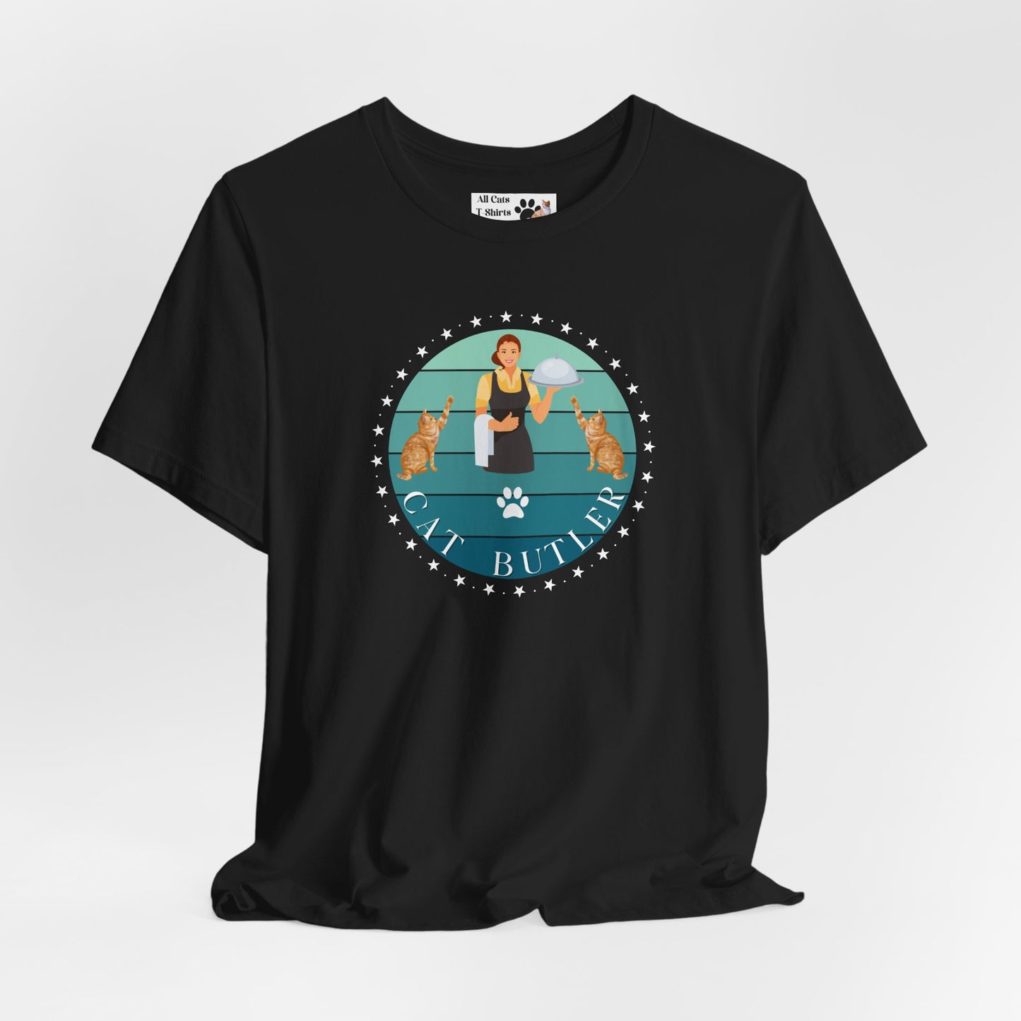 "Cat Butler" T-Shirt - With Vintage Sunset Style Graphic [Double Cats & Woman] - (Unisex Jersey Short Sleeve Tee - Perfect Gift for Cat Lovers!)