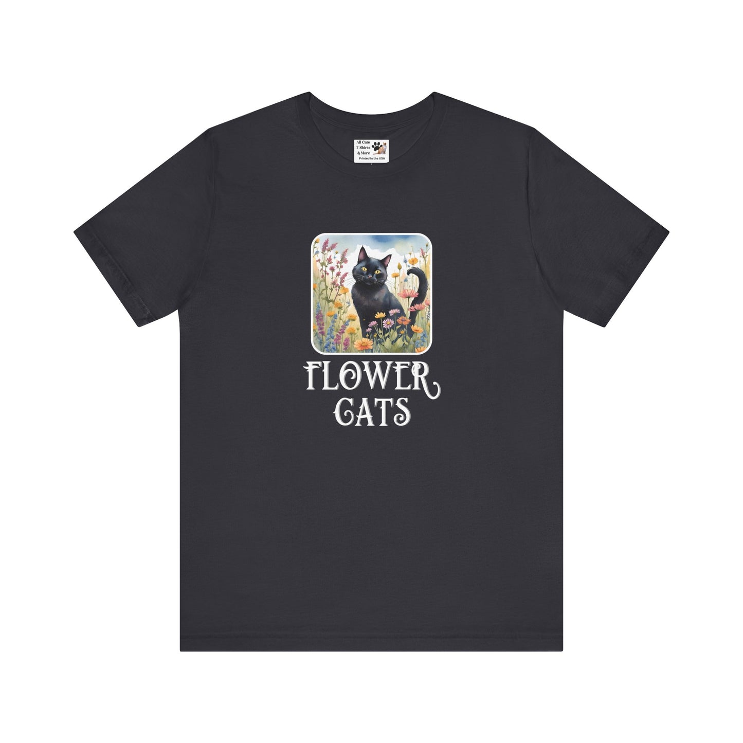 Flower Cats T-Shirt - (Flower Cat Tee #2, Black Cat Garden T-Shirt  - Whimsical Floral Cat Tee for Cat Lovers)
