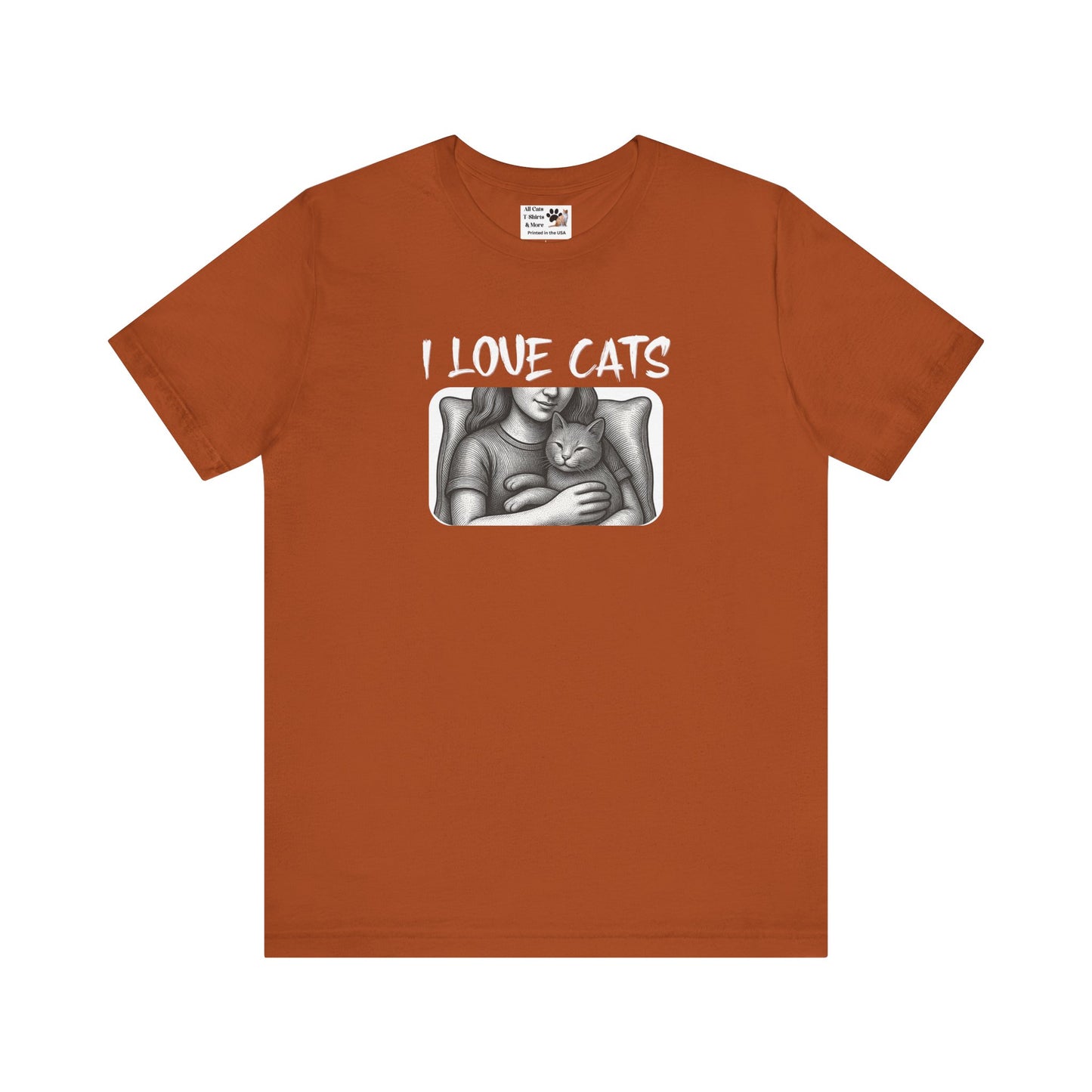 I Love Cats T-Shirt — Cat Lover Graphic Tee with Cozy Cat Cuddle Illustration