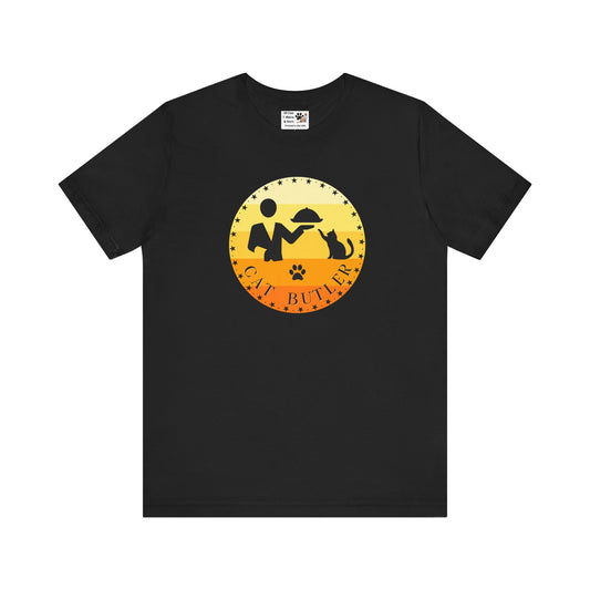 "Cat Butler" T-Shirt - With Vintage Sunset Graphic - (Unisex Jersey Short Sleeve Tee - Perfect Gift for Cat Lovers!)