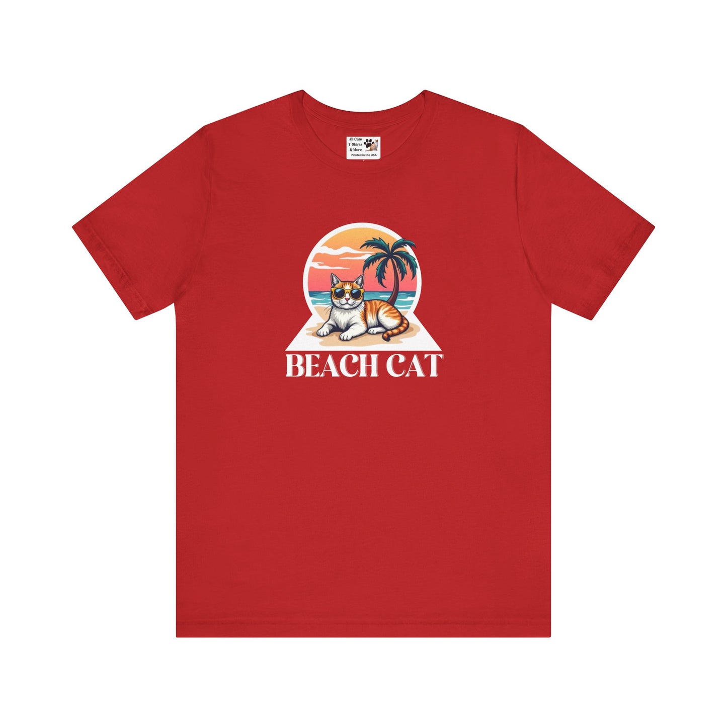 Beach Cat T-Shirt - (Retro Sunset Graphic Tee for Cat Fans)