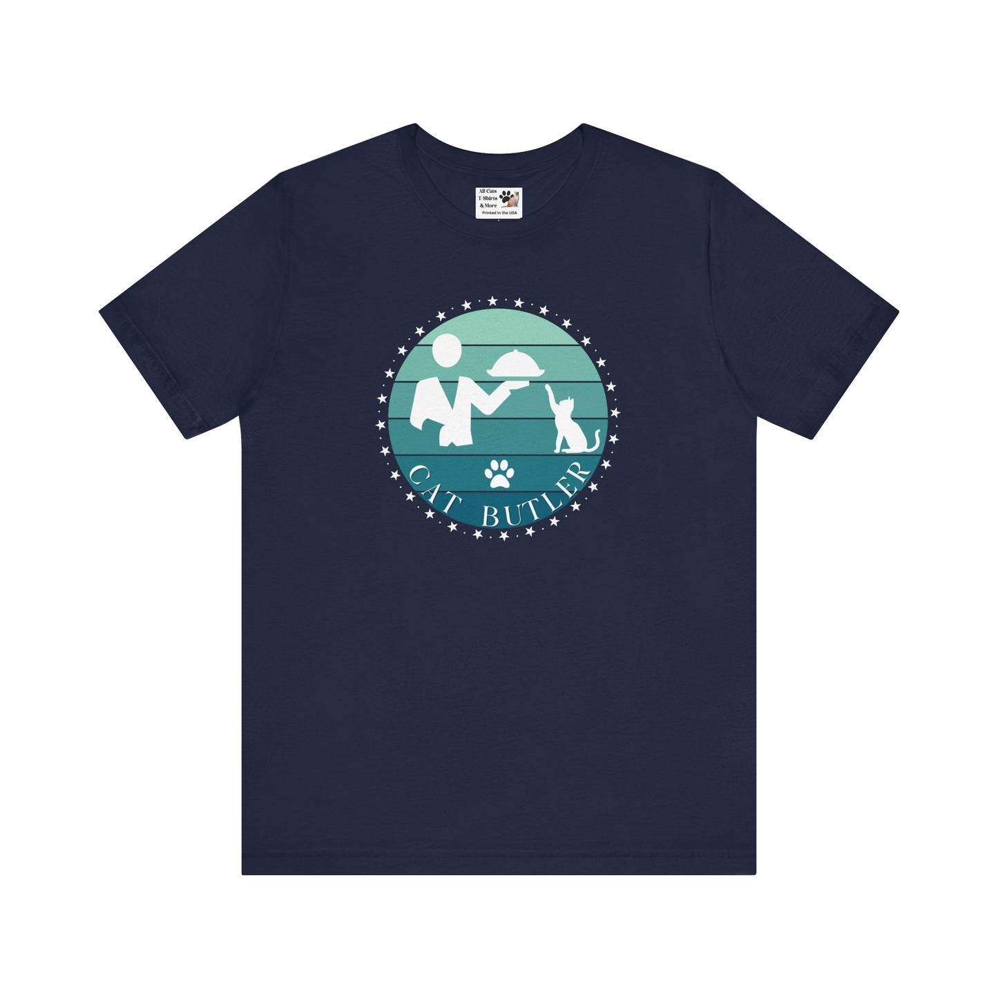 "Cat Butler" T-Shirt - Blue Vintage Sunset Style Graphic - (Unisex Jersey Short Sleeve Tee - Perfect Gift for Cat Lovers!)
