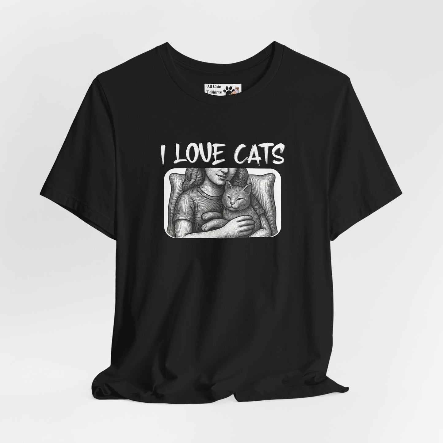 I Love Cats T-Shirt — Cat Lover Graphic Tee with Cozy Cat Cuddle Illustration