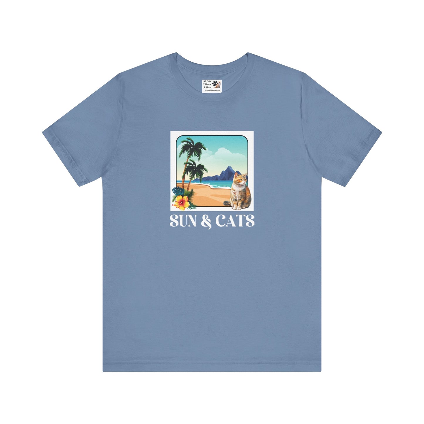 Sun & Cats Beach T-Shirt - (Retro Tropical Cat Graphic Tee for Cat Fans)