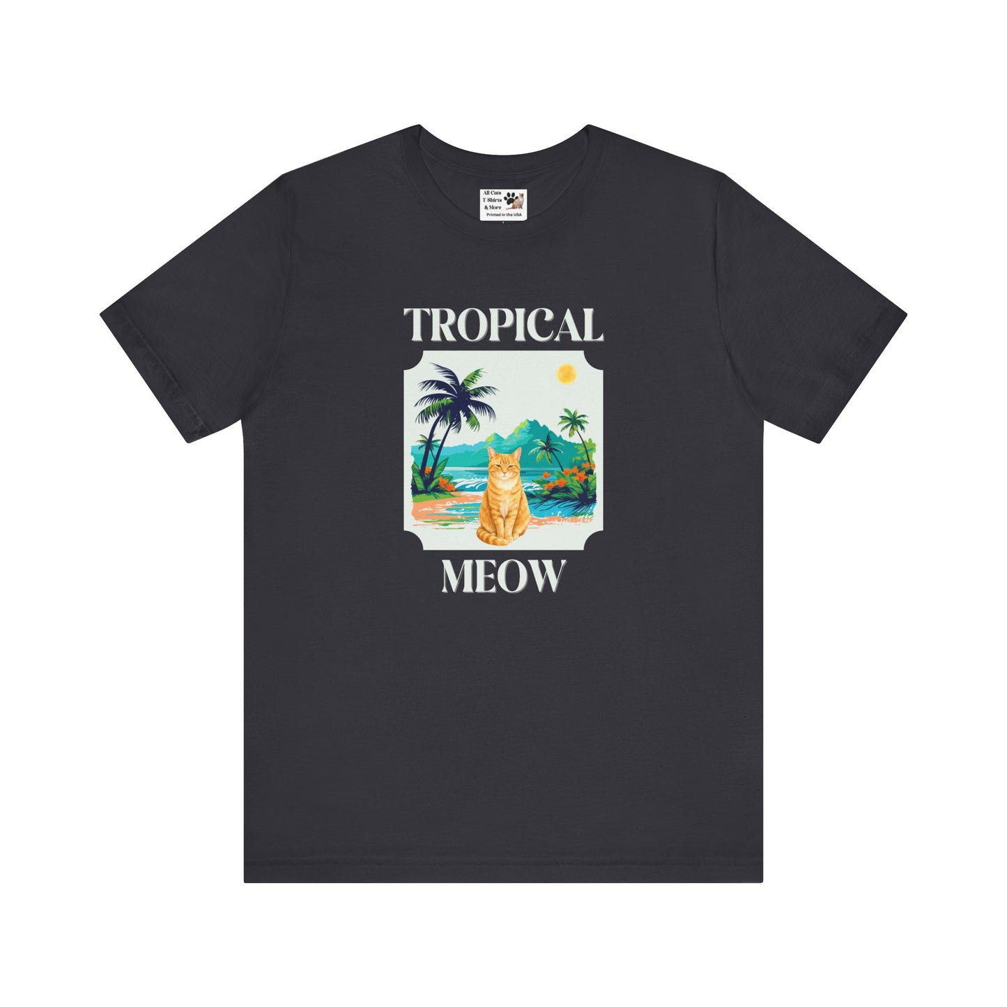 Tropical Meow Cat Tee — (Retro Beach Cat Graphic T-Shirt)