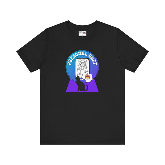 Personal Chef for Cats T-Shirt - (#11 - Black Cat Silhouette & Chef Blue Purple Design - Unisex Jersey Tee – Perfect for Cat Care Givers!)