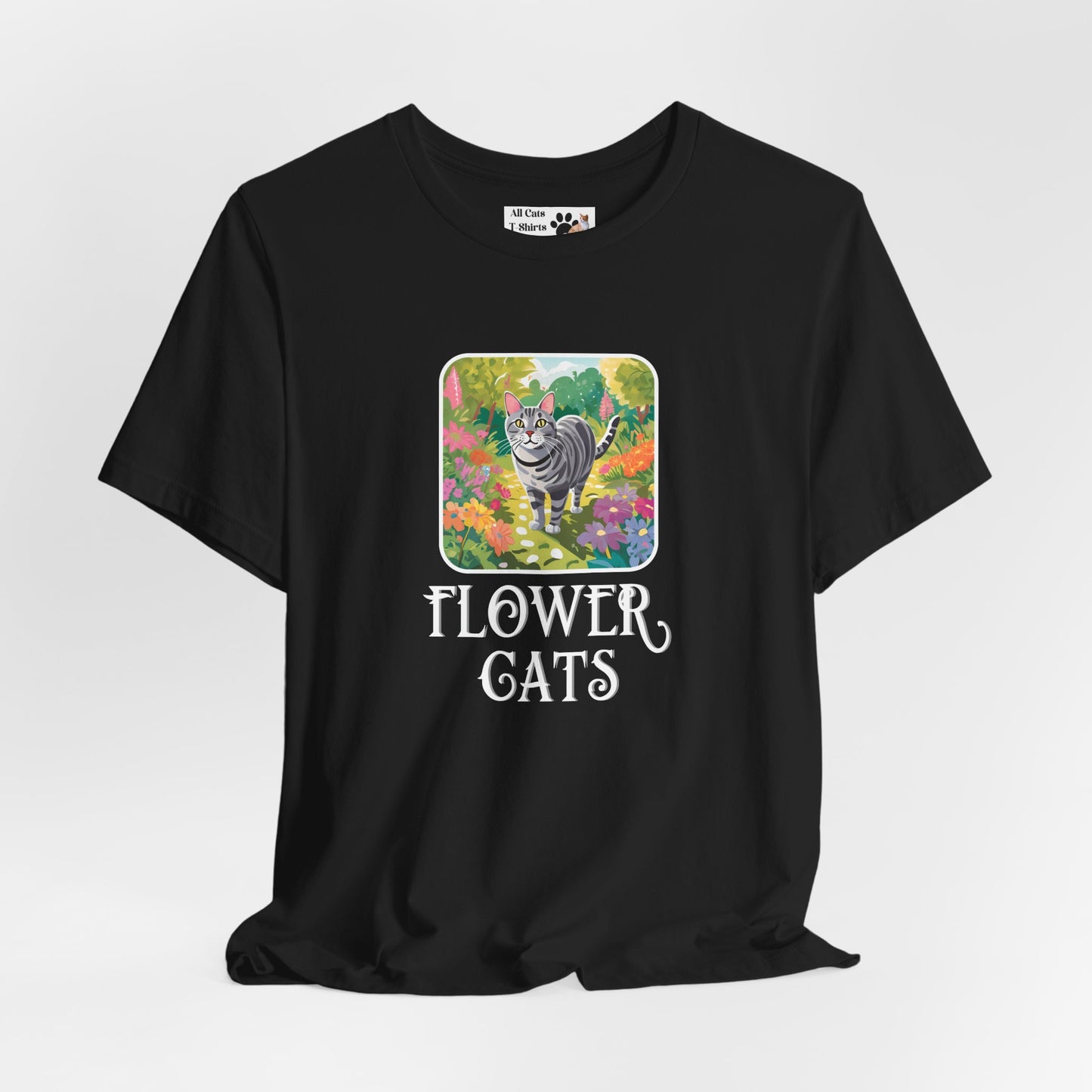 Flower Cats T-Shirts - (Flower Cats Tee #4, Cat in Wildflower Garden T-Shirt, Cat Mom Tee)