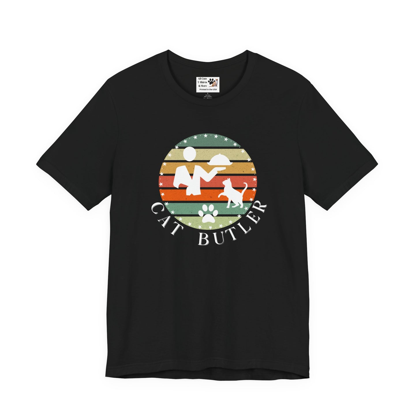 "Cat Butler" T-Shirt - With Vintage Sunset Style Graphic - (Unisex Jersey Short Sleeve Tee - Perfect Gift for Cat Lovers!)