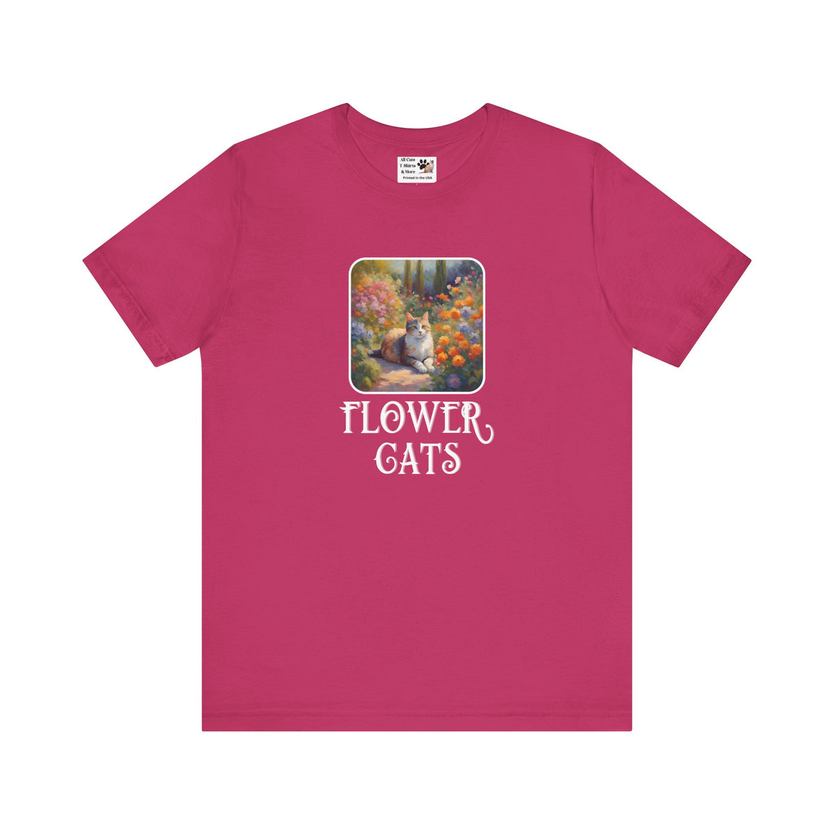 Flower Cats T-Shirt — (Flower Cats Tee #1, Colorful Garden Cat T-Shirt for Cat Fans & Cat Lovers!)