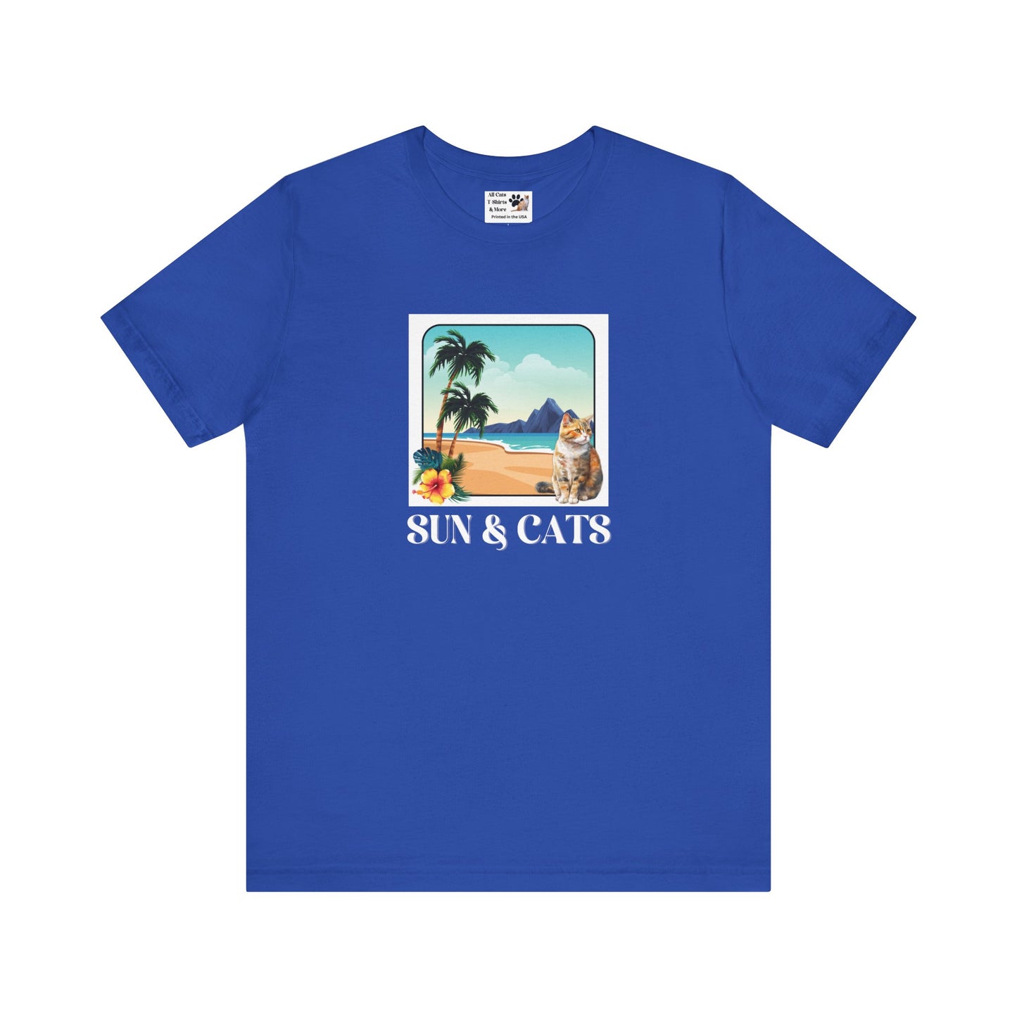 Sun & Cats Beach T-Shirt - (Retro Tropical Cat Graphic Tee for Cat Fans)