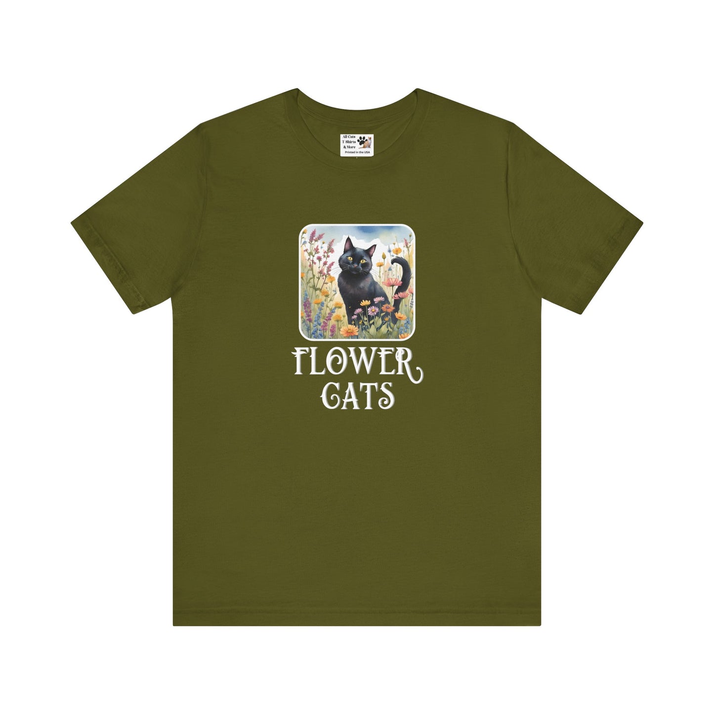 Flower Cats T-Shirt - (Flower Cat Tee #2, Black Cat Garden T-Shirt  - Whimsical Floral Cat Tee for Cat Lovers)