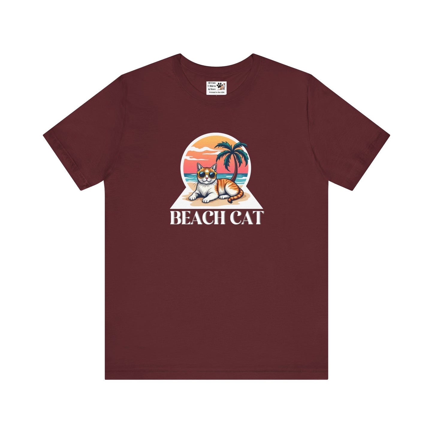 Beach Cat T-Shirt - (Retro Sunset Graphic Tee for Cat Fans)