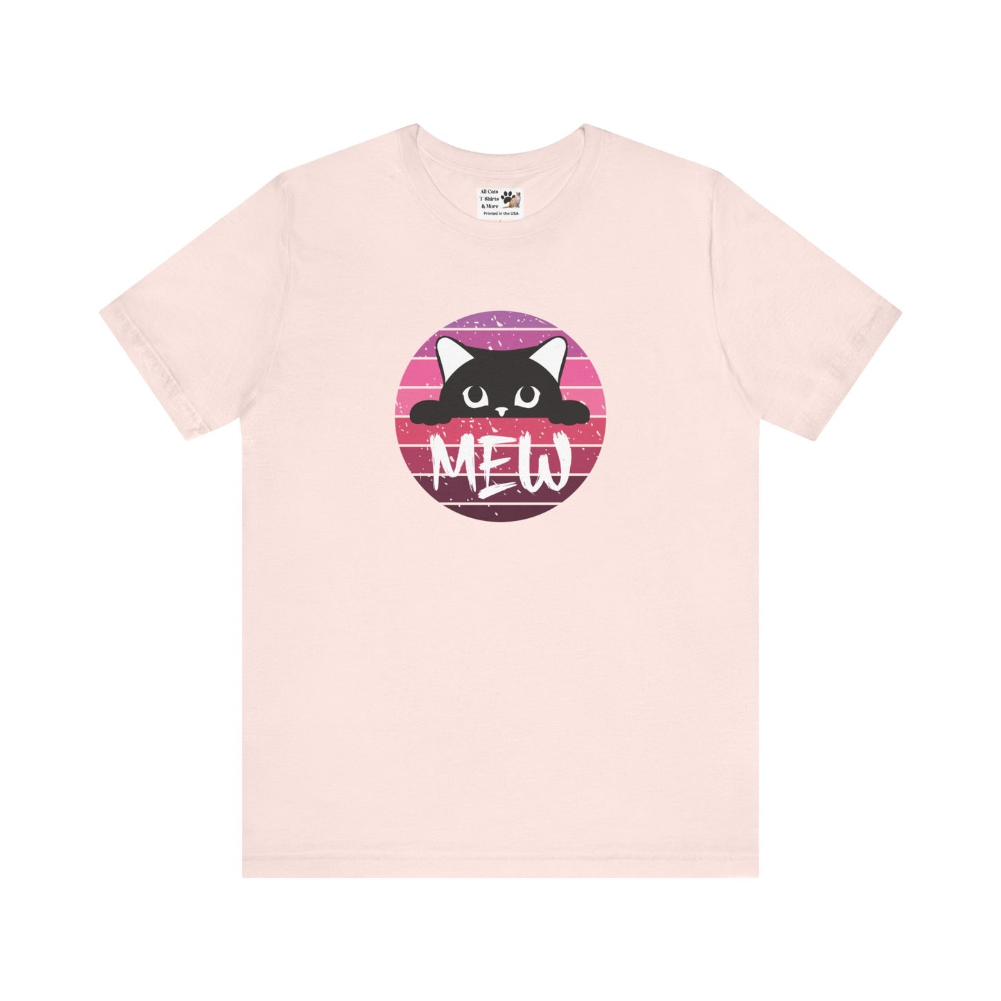 Cute Black Cat "MEW" Graphic Tee - (Pink Vintage Sunset T‑Shirt)