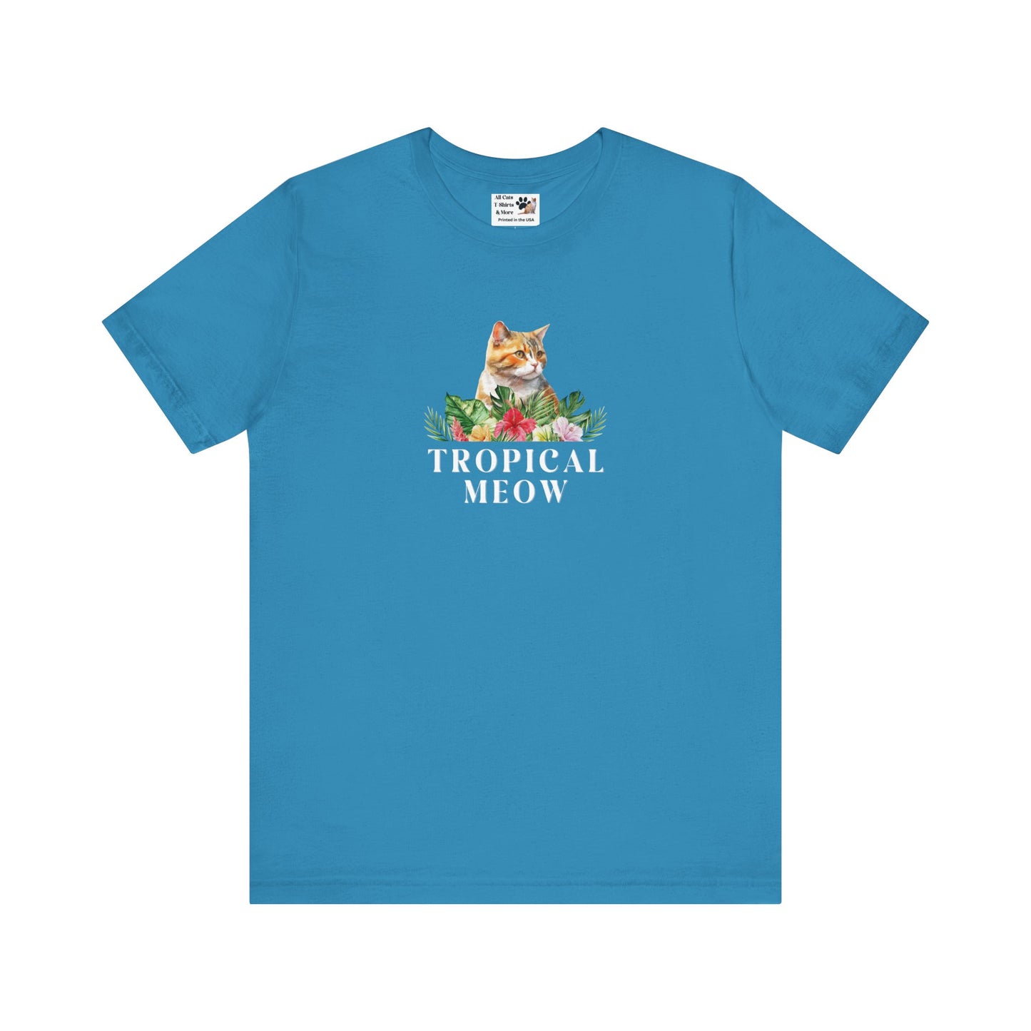Tropical Meow Cat T-Shirt - (Cute Floral Cat Tee, Tropical Meow #2 No Background)