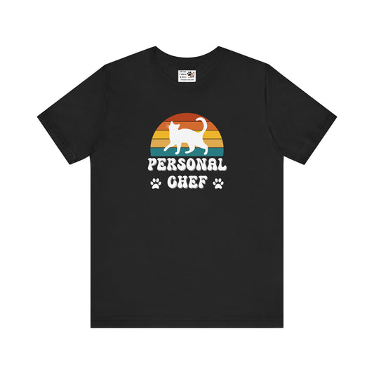 Vintage Sunset Personal Chef for Cats T-Shirt (#21 - White Cat Silhouette & Paw Prints - Unisex Jersey Tee)