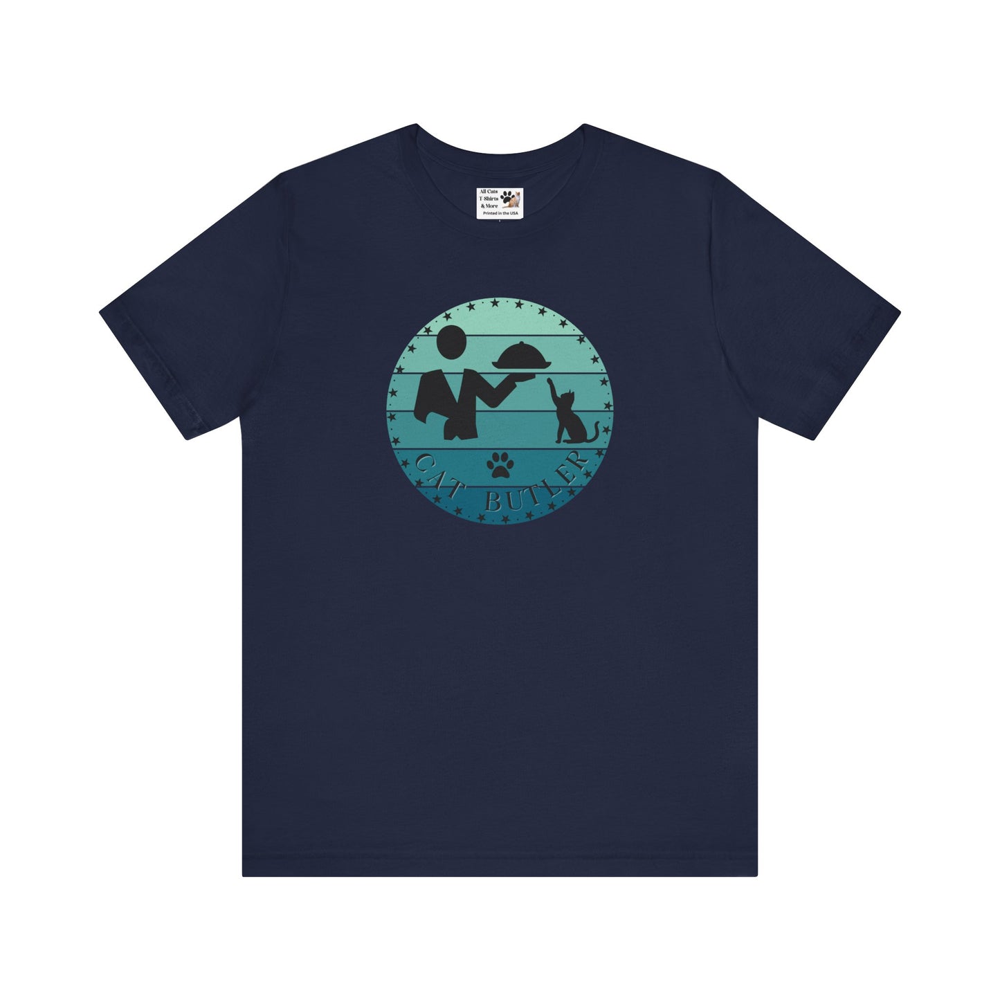 "Cat Butler" T-Shirt - Blue Vintage Sunset Style Graphic - (Unisex Jersey Short Sleeve Tee - Perfect Gift for Cat Lovers!)