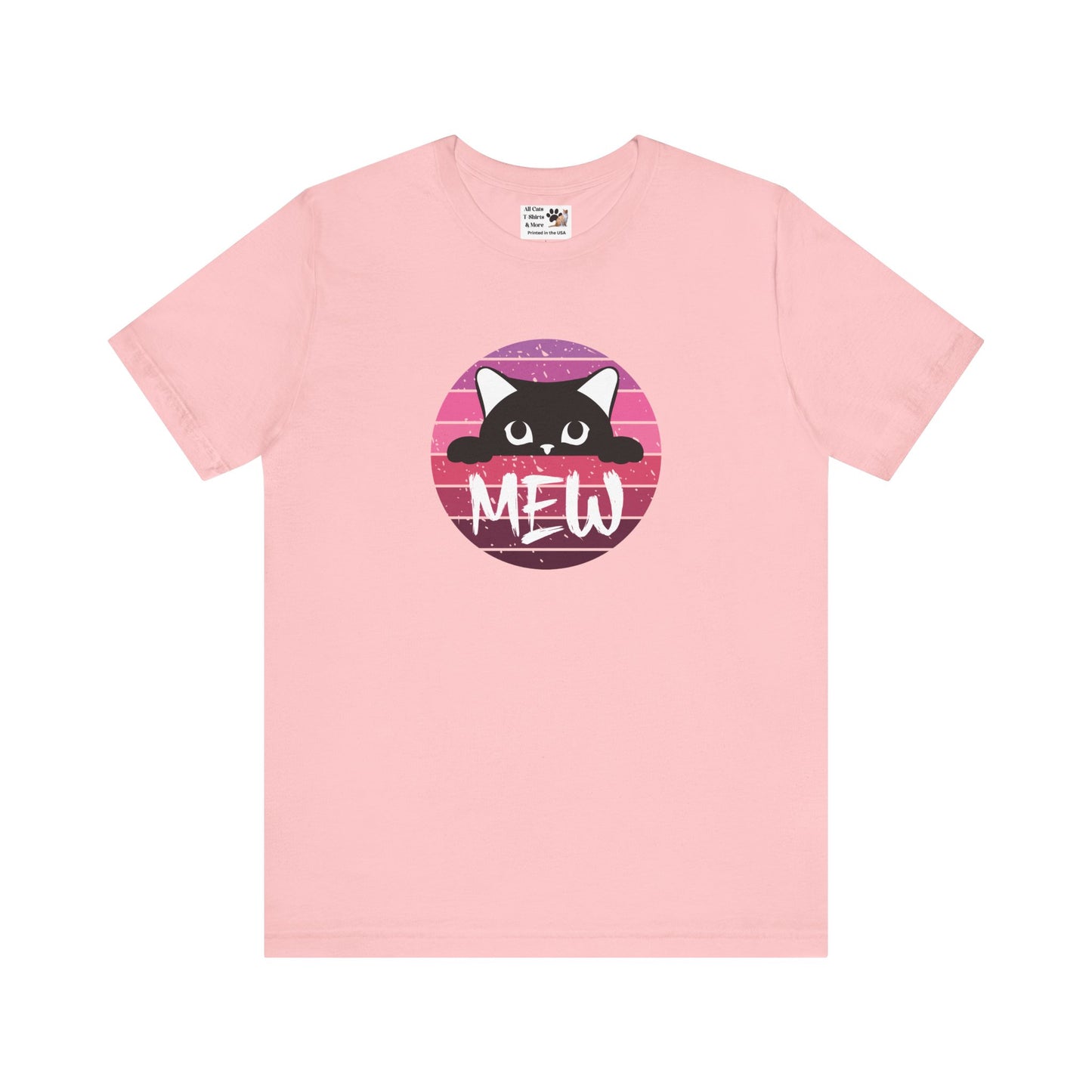 Cute Black Cat "MEW" Graphic Tee - (Pink Vintage Sunset T‑Shirt)