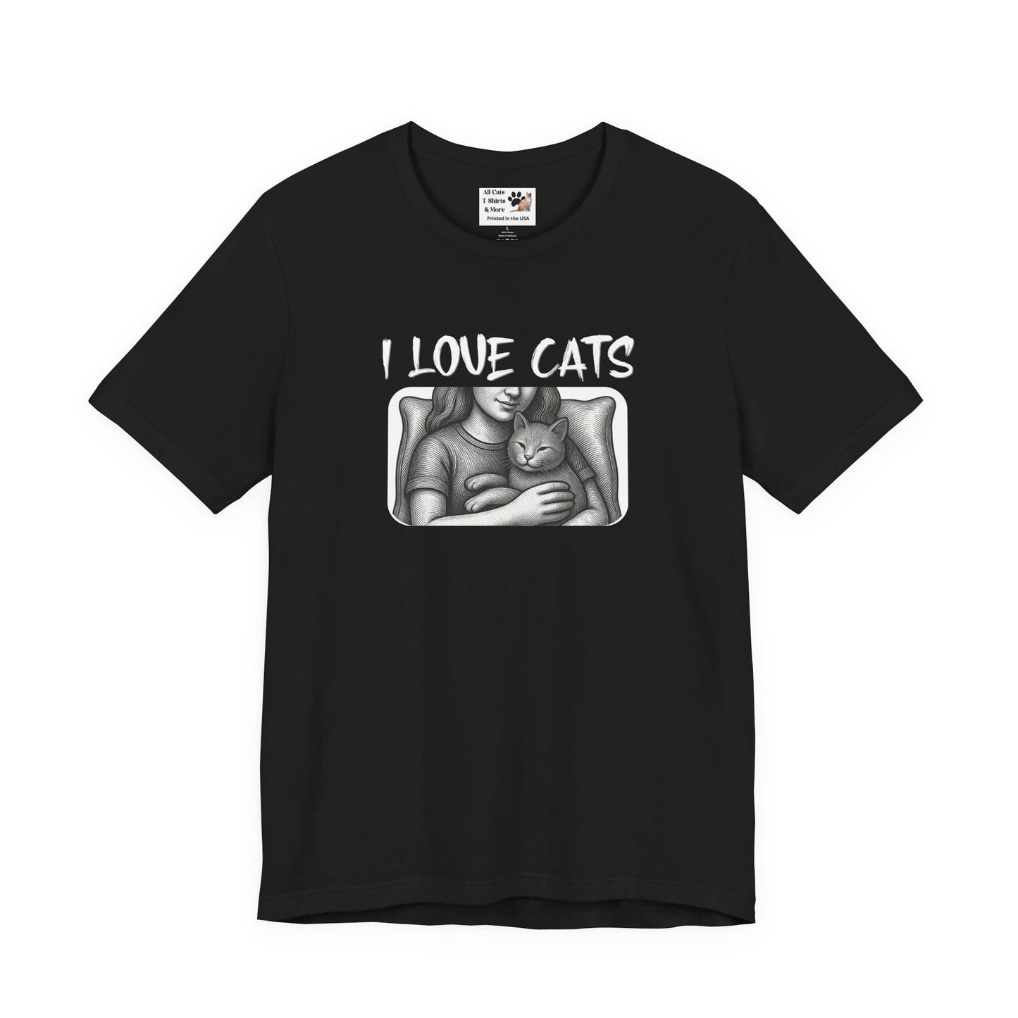 I Love Cats T-Shirt — Cat Lover Graphic Tee with Cozy Cat Cuddle Illustration