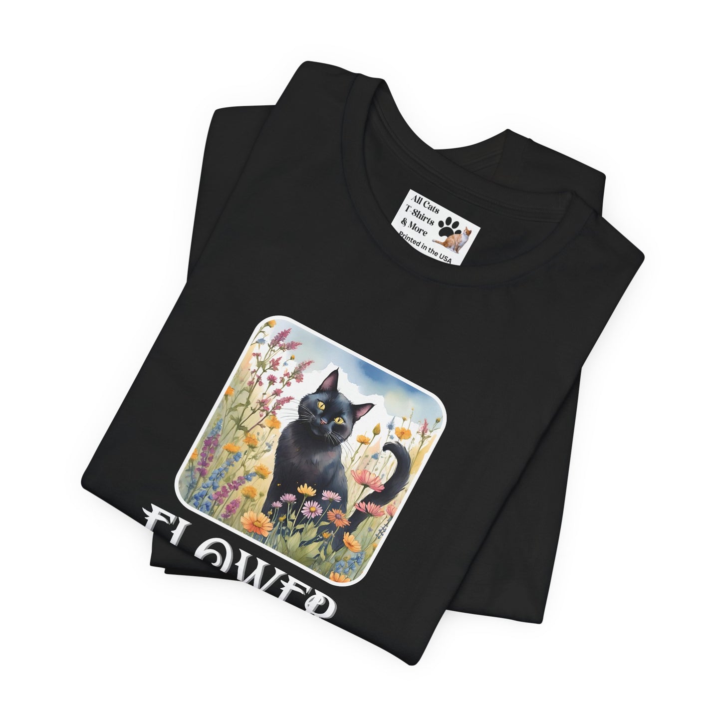 Flower Cats T-Shirt - (Flower Cat Tee #2, Black Cat Garden T-Shirt  - Whimsical Floral Cat Tee for Cat Lovers)