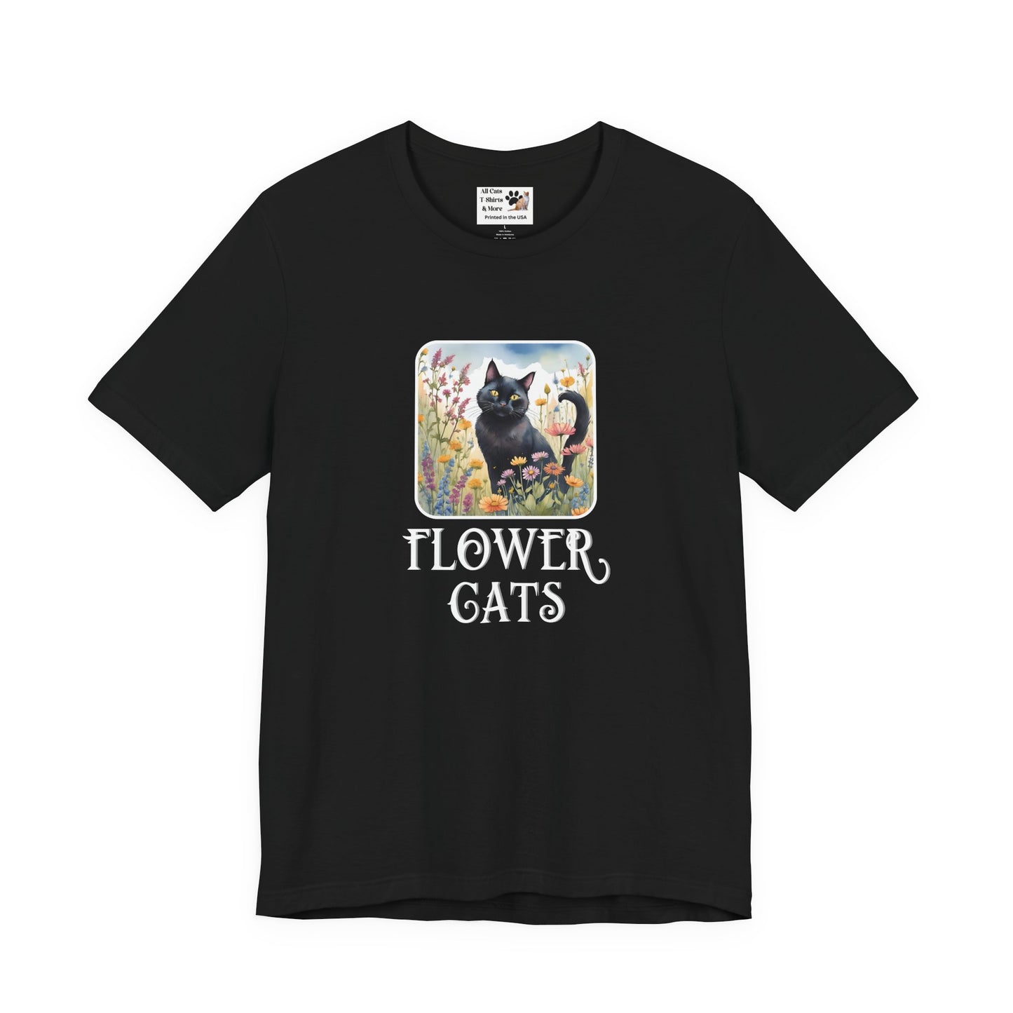 Flower Cats T-Shirt - (Flower Cat Tee #2, Black Cat Garden T-Shirt  - Whimsical Floral Cat Tee for Cat Lovers)