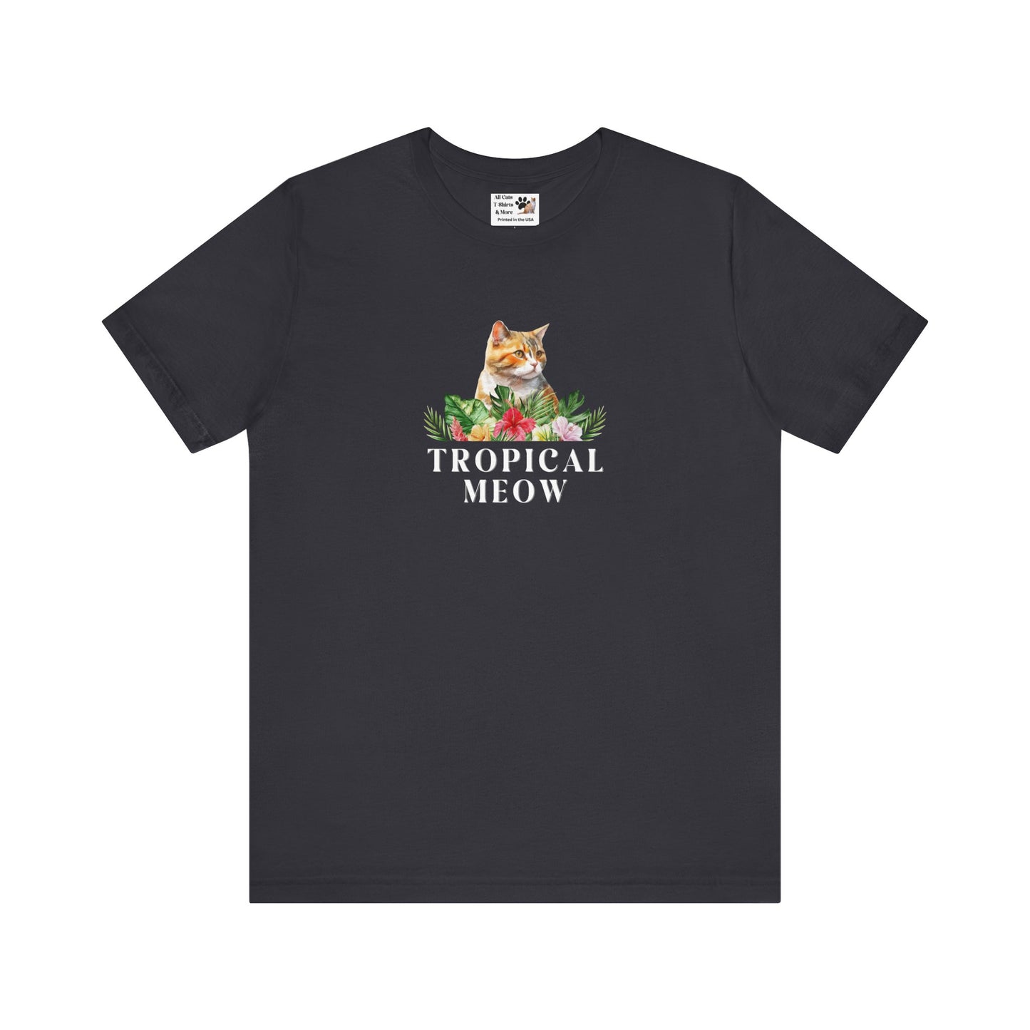 Tropical Meow Cat T-Shirt - (Cute Floral Cat Tee, Tropical Meow #2 No Background)