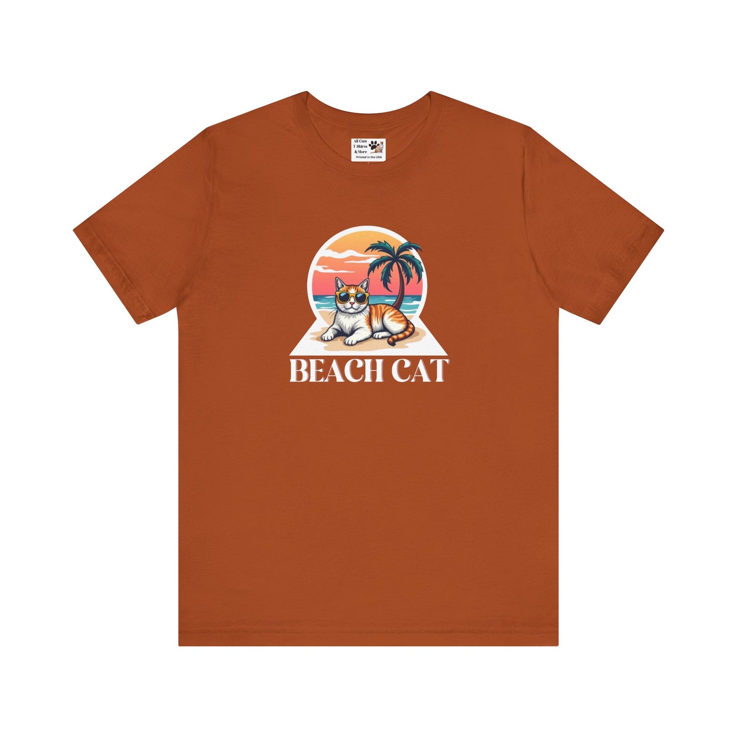 Beach Cat T-Shirt - (Retro Sunset Graphic Tee for Cat Fans)