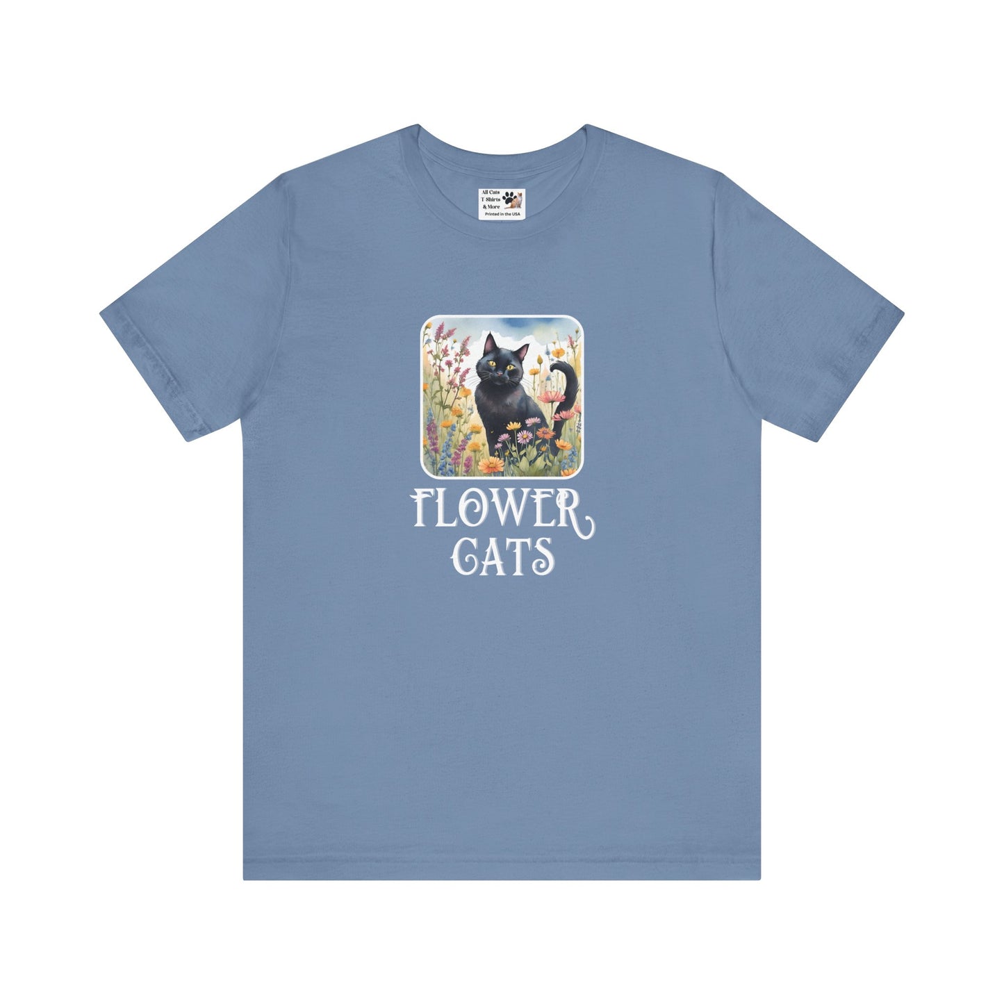 Flower Cats T-Shirt - (Flower Cat Tee #2, Black Cat Garden T-Shirt  - Whimsical Floral Cat Tee for Cat Lovers)