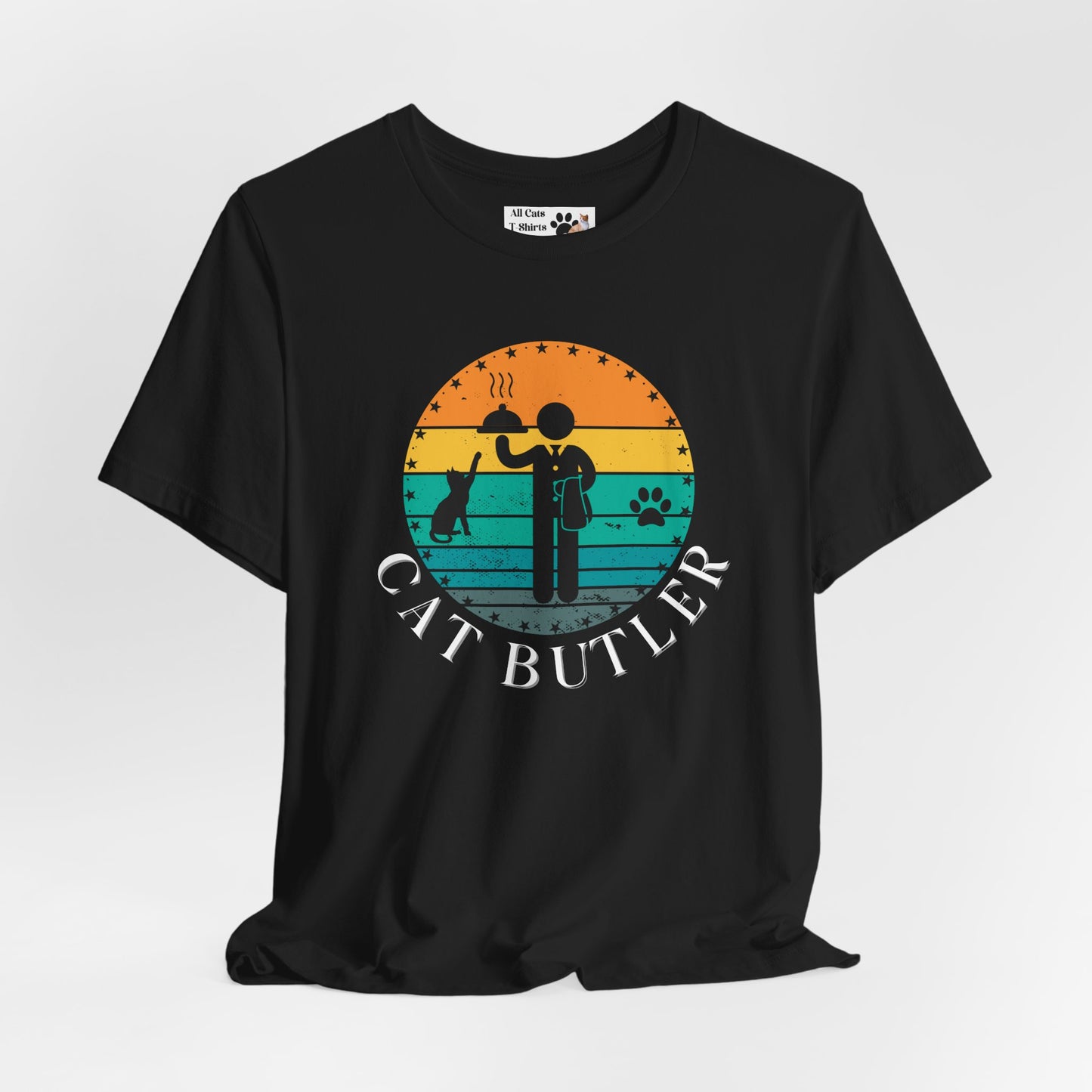 Cat Butler T-Shirt - (A Colorful "Vintage Sunset Style" Design, Unisex Short Sleeve Tee - Perfect for Cat Parents!)
