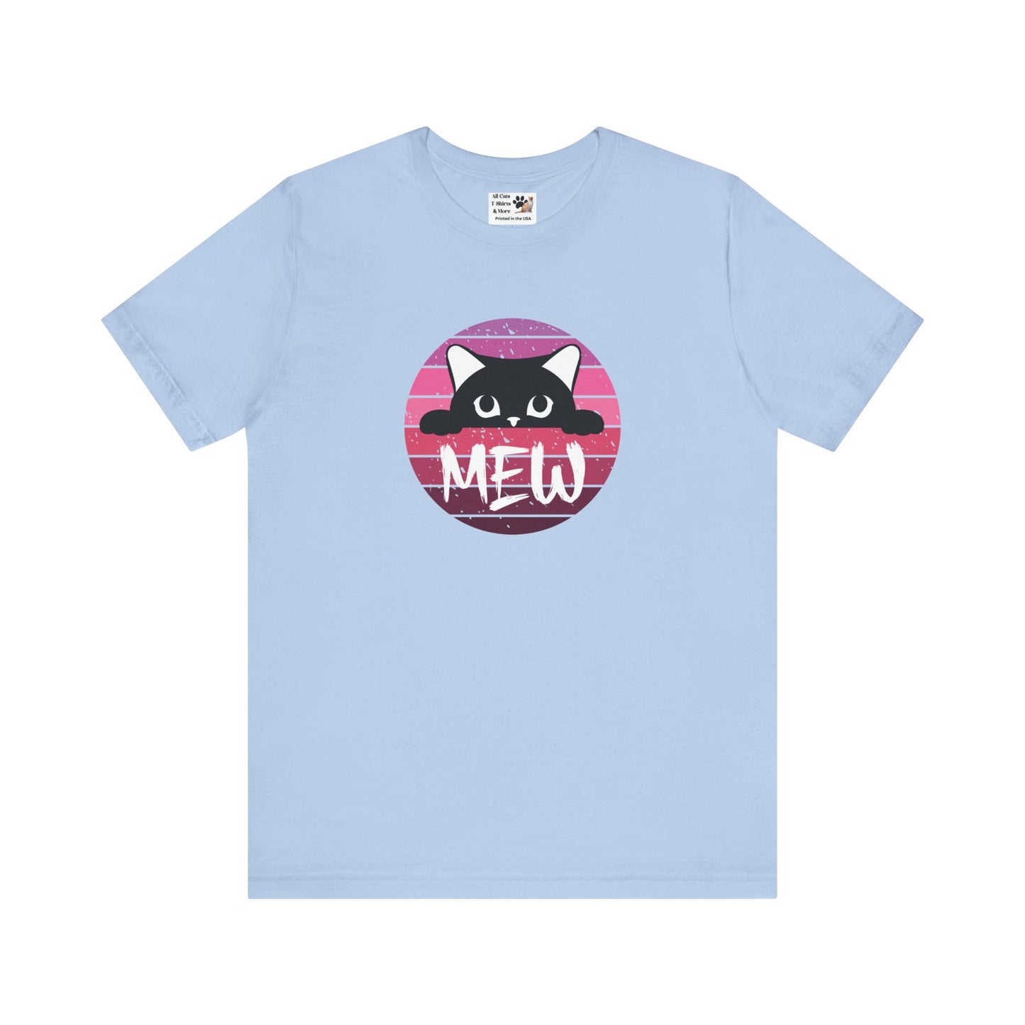 Cute Black Cat "MEW" Graphic Tee - (Pink Vintage Sunset T‑Shirt)