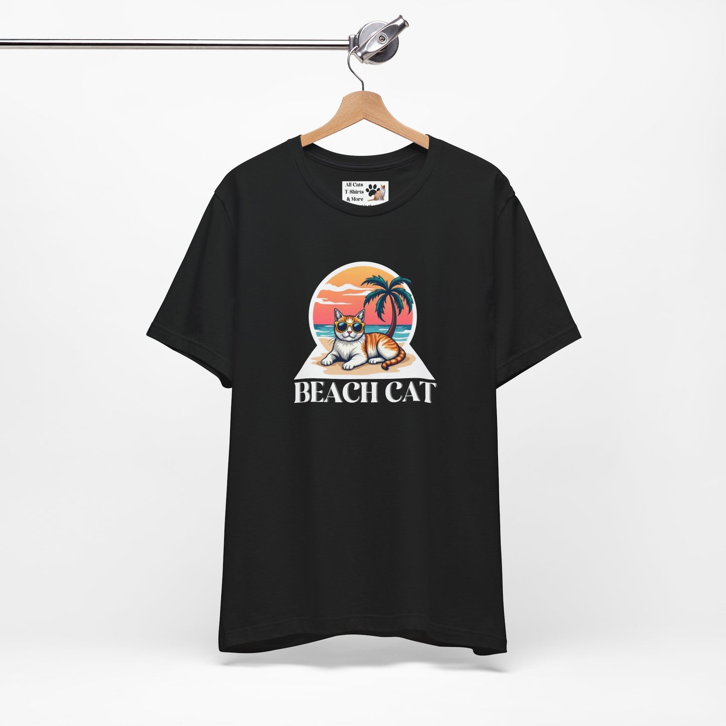 Beach Cat T-Shirt - (Retro Sunset Graphic Tee for Cat Fans)